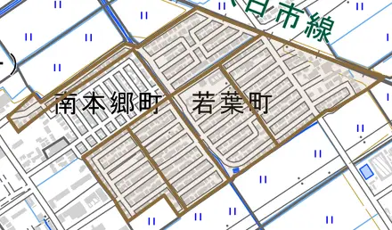 若葉町とその周辺の地図。町の範囲を重ねている