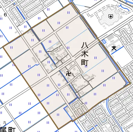 八木町とその周辺の地図。町の範囲を重ねている