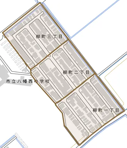 柳町とその周辺の地図。町の範囲を重ねている