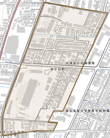 あかね町とその周辺の地図。町の範囲を重ねている