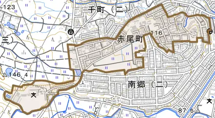 赤尾町とその周辺の地図。町の範囲を重ねている
