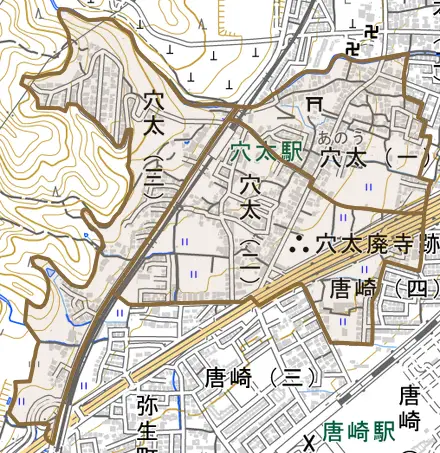 穴太とその周辺の地図。町の範囲を重ねている