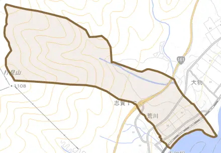 荒川とその周辺の地図。町の範囲を重ねている