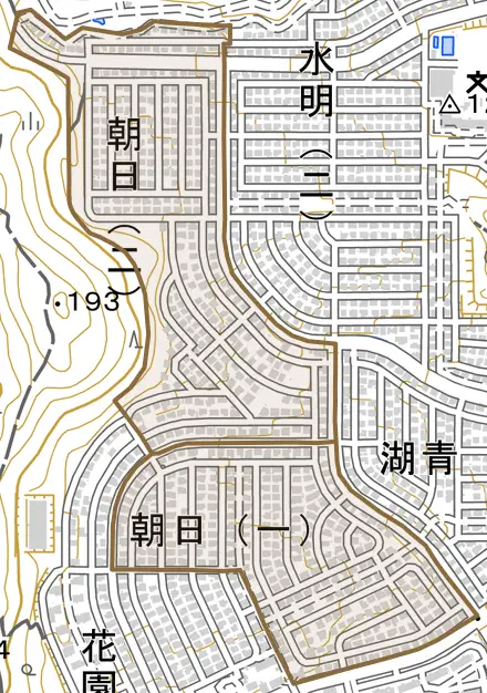 朝日とその周辺の地図。町の範囲を重ねている
