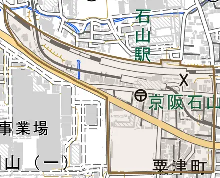 粟津町とその周辺の地図。町の範囲を重ねている