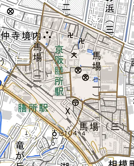 馬場とその周辺の地図。町の範囲を重ねている
