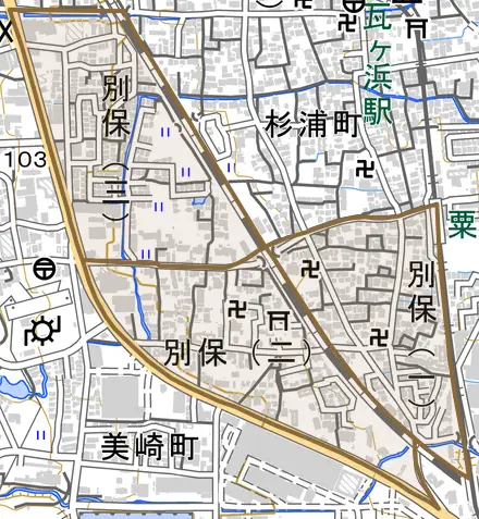 別保とその周辺の地図。町の範囲を重ねている