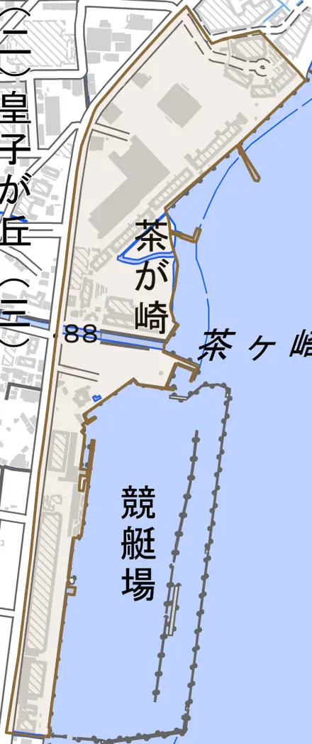 茶が崎とその周辺の地図。町の範囲を重ねている