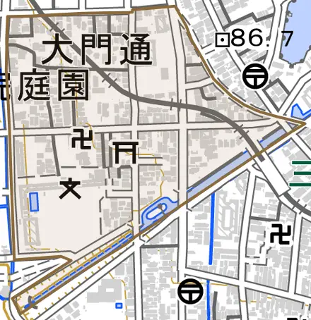 大門通とその周辺の地図。町の範囲を重ねている