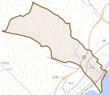 大物とその周辺の地図。町の範囲を重ねている