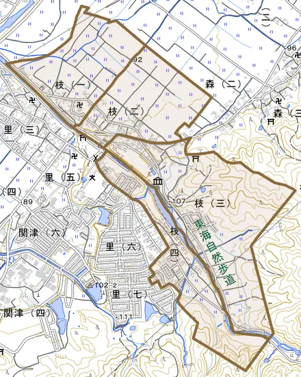 枝とその周辺の地図。町の範囲を重ねている