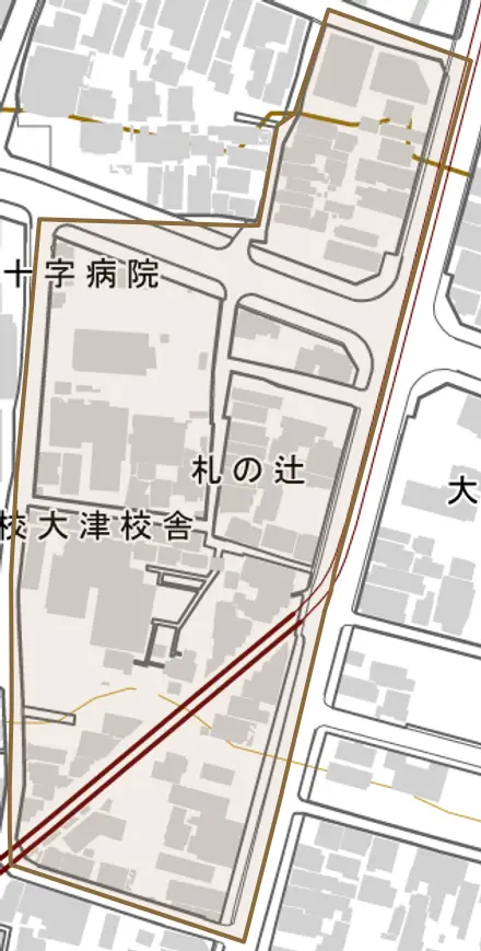 札の辻とその周辺の地図。町の範囲を重ねている