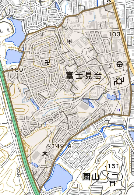 富士見台とその周辺の地図。町の範囲を重ねている