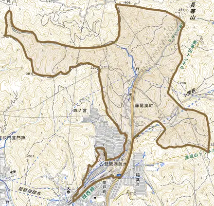 藤尾奥町とその周辺の地図。町の範囲を重ねている