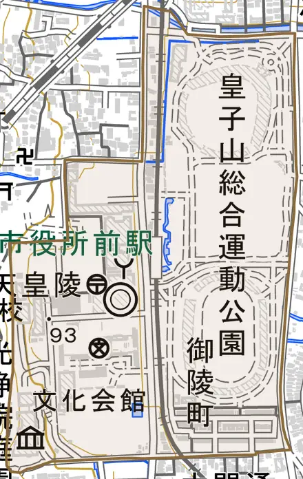 御陵町とその周辺の地図。町の範囲を重ねている