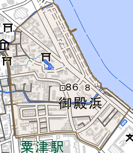 御殿浜とその周辺の地図。町の範囲を重ねている