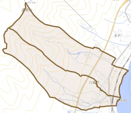 八屋戸とその周辺の地図。町の範囲を重ねている