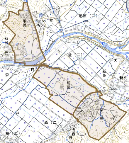 羽栗とその周辺の地図。町の範囲を重ねている
