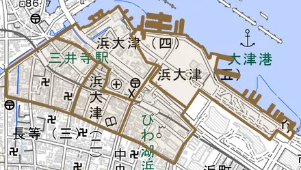 浜大津とその周辺の地図。町の範囲を重ねている