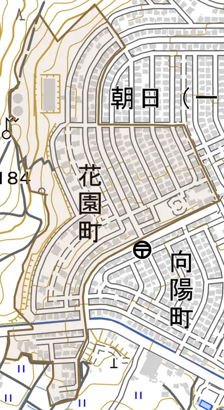 花園町とその周辺の地図。町の範囲を重ねている