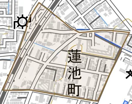 蓮池町とその周辺の地図。町の範囲を重ねている