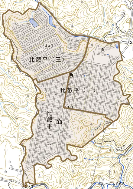 比叡平とその周辺の地図。町の範囲を重ねている