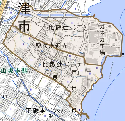 比叡辻とその周辺の地図。町の範囲を重ねている