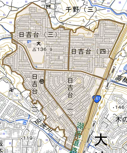 日吉台とその周辺の地図。町の範囲を重ねている