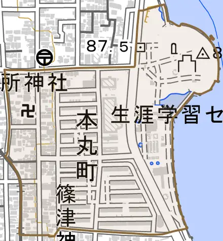 本丸町とその周辺の地図。町の範囲を重ねている