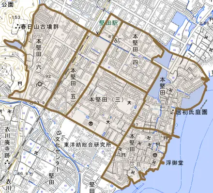 本堅田とその周辺の地図。町の範囲を重ねている