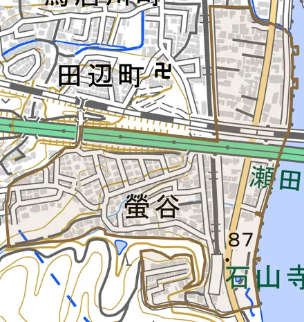 螢谷とその周辺の地図。町の範囲を重ねている