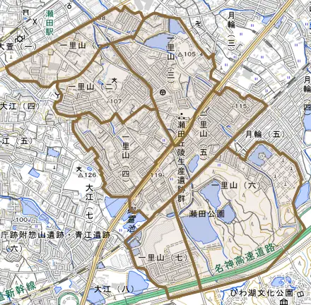 一里山とその周辺の地図。町の範囲を重ねている