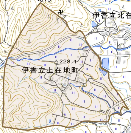 伊香立上在地町とその周辺の地図。町の範囲を重ねている