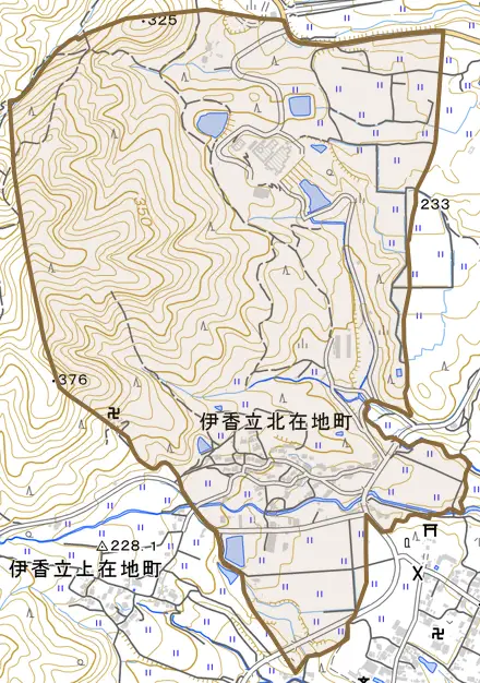 伊香立北在地町とその周辺の地図。町の範囲を重ねている