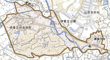 伊香立向在地町とその周辺の地図。町の範囲を重ねている
