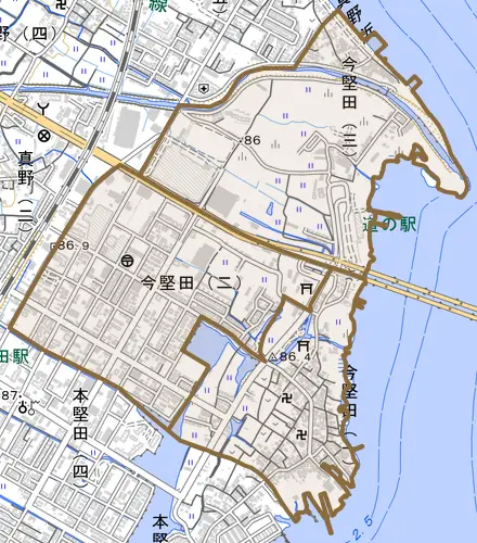 今堅田とその周辺の地図。町の範囲を重ねている