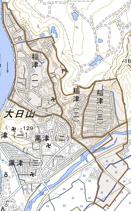 稲津とその周辺の地図。町の範囲を重ねている