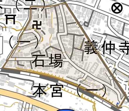石場とその周辺の地図。町の範囲を重ねている