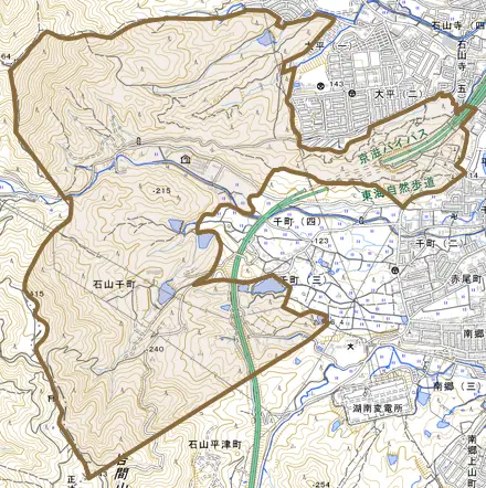 石山千町とその周辺の地図。町の範囲を重ねている
