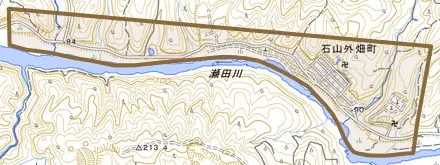 石山外畑町とその周辺の地図。町の範囲を重ねている