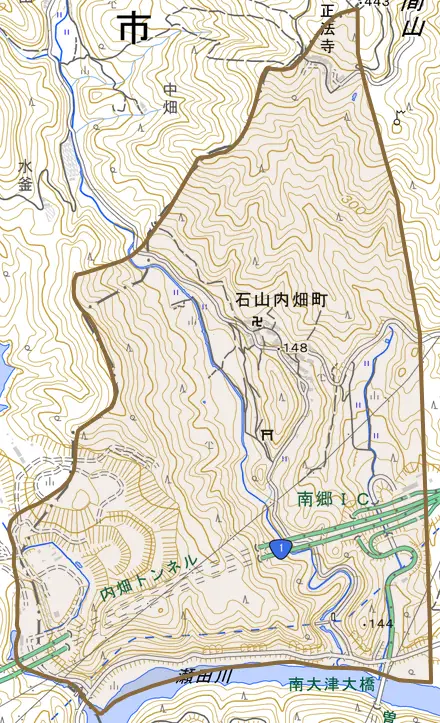 石山内畑町とその周辺の地図。町の範囲を重ねている