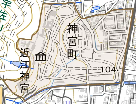 神宮町とその周辺の地図。町の範囲を重ねている