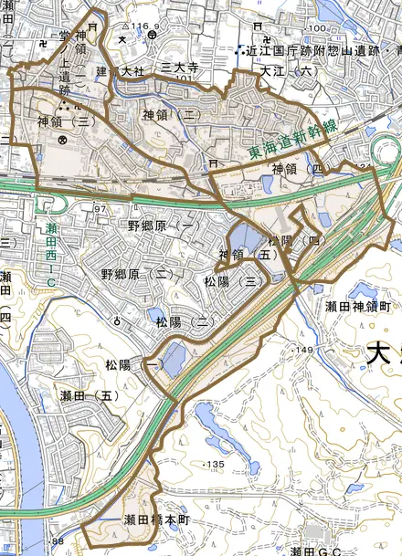 神領とその周辺の地図。町の範囲を重ねている