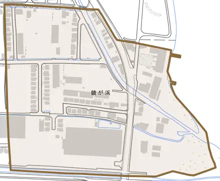 鏡が浜とその周辺の地図。町の範囲を重ねている