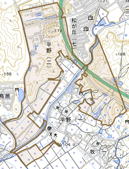 上田上平野町とその周辺の地図。町の範囲を重ねている