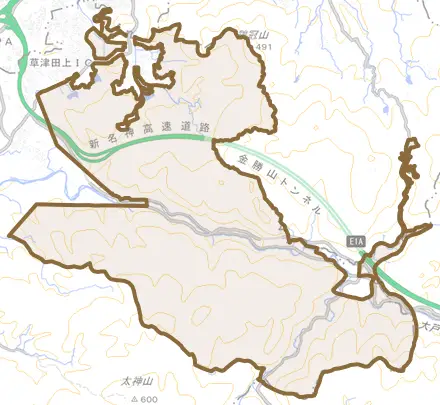 上田上桐生町とその周辺の地図。町の範囲を重ねている