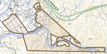 上田上牧町とその周辺の地図。町の範囲を重ねている
