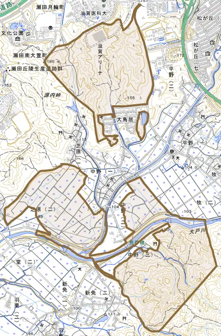 上田上中野町とその周辺の地図。町の範囲を重ねている