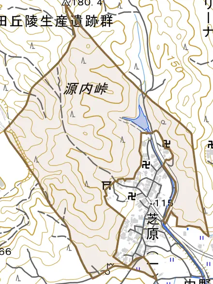 上田上芝原町とその周辺の地図。町の範囲を重ねている