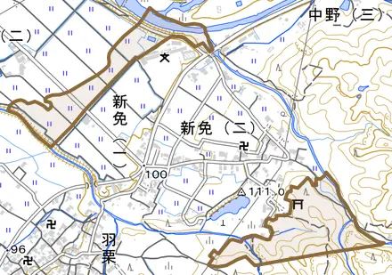 上田上新免町とその周辺の地図。町の範囲を重ねている